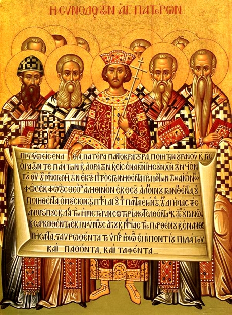 Icon depicting the Emperor Constantine and the bishops of the First Council of Nicaea (325) holding the Niceno–Constantinopolitan Creed of 381 (photo Public Domain)
